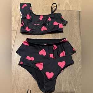 Beach Riot Black Two-Piece Girls Swimsuit with Pink Hearts